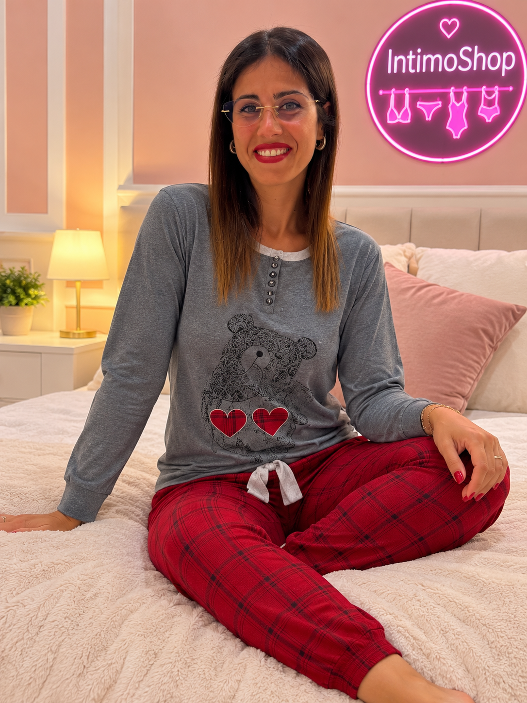 Pigiama Donna Orsetto Blu con Pantaloni Scozzesi Rosa
