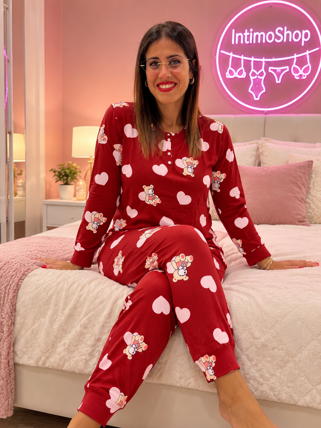 Pigiama Donna Blu con Cuori e Orsetti