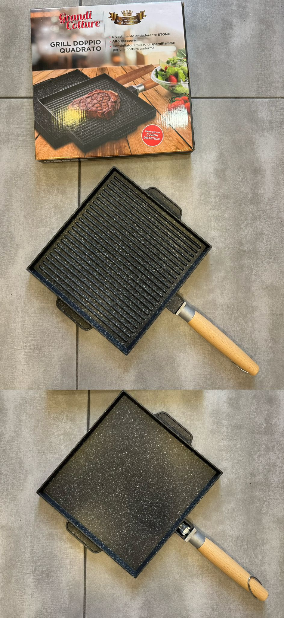 Bistecchiera double face con manico in legno