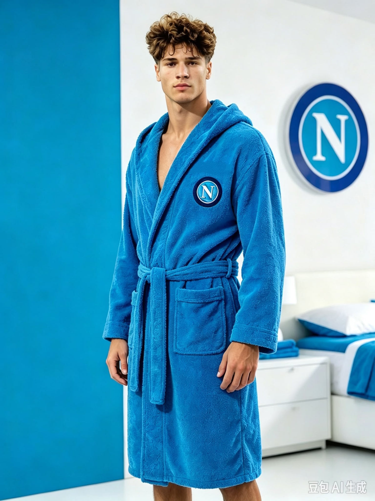 Accappatoio Napoli azzurro con cappuccio, taglie adulti S-XXL