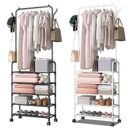 Appendiabiti con scarpiera porta accessori 5 ripiani con ruote bianco e nero