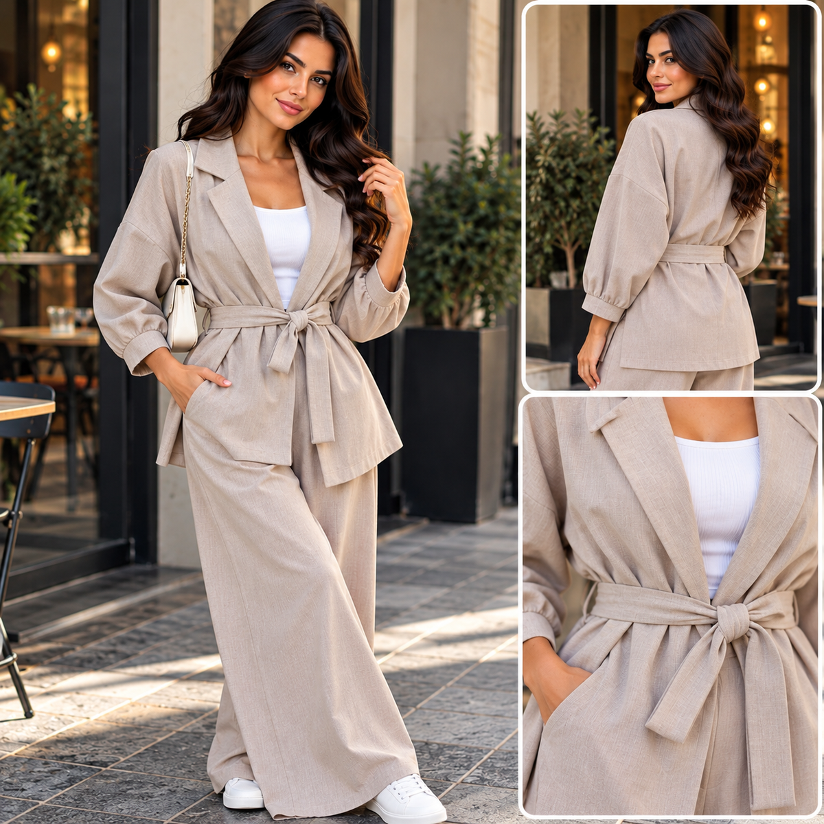 Completo donna blazer cinturato e pantalone ampio