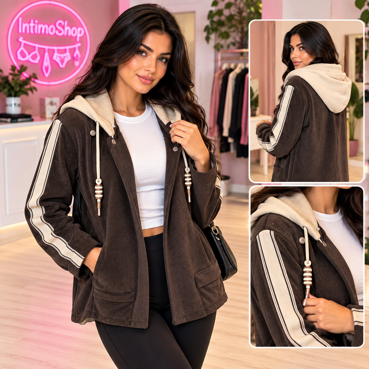 Giacca casual marrone con cappuccio beige