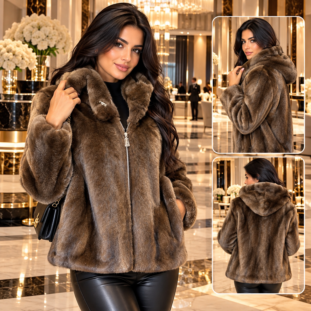 Pelliccia donna marrone con cappuccio e zip