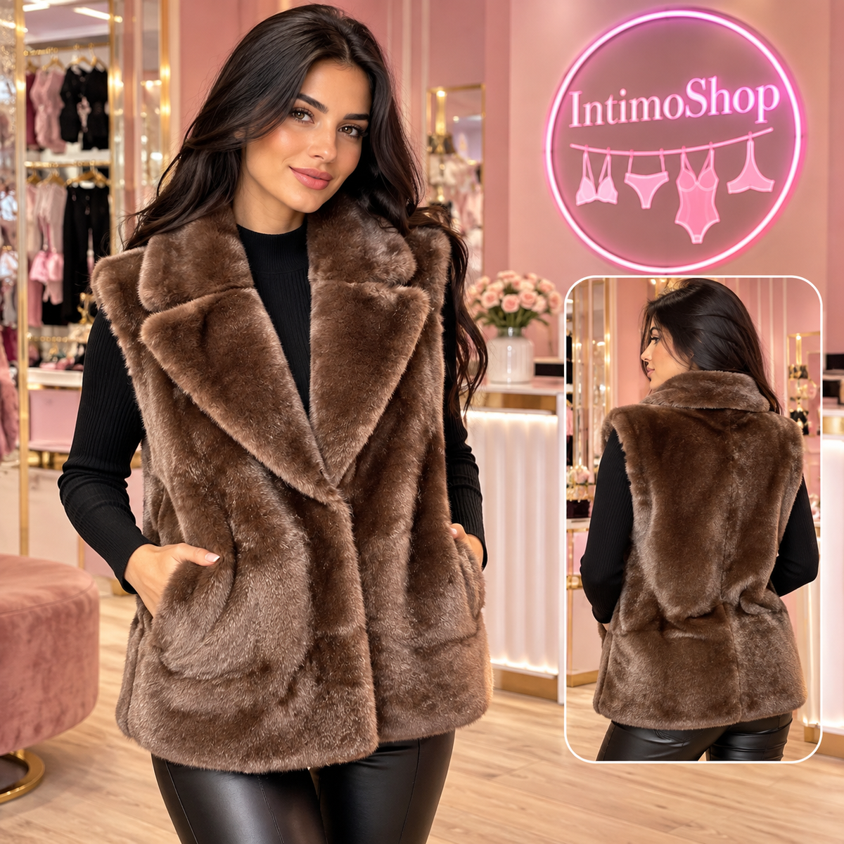 Pelliccia smanicata marrone donna, vista fronte e retro