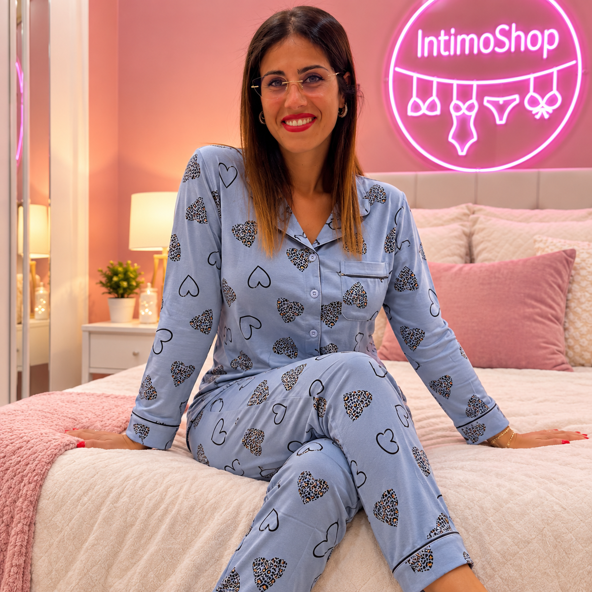 Pigiama donna cuori animalier Azzurro indossato