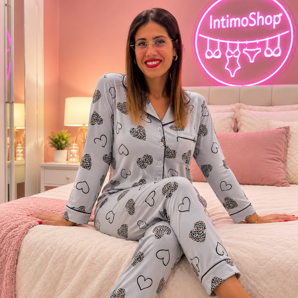 Pigiama donna cuori animalier Grigio chiaro indossato