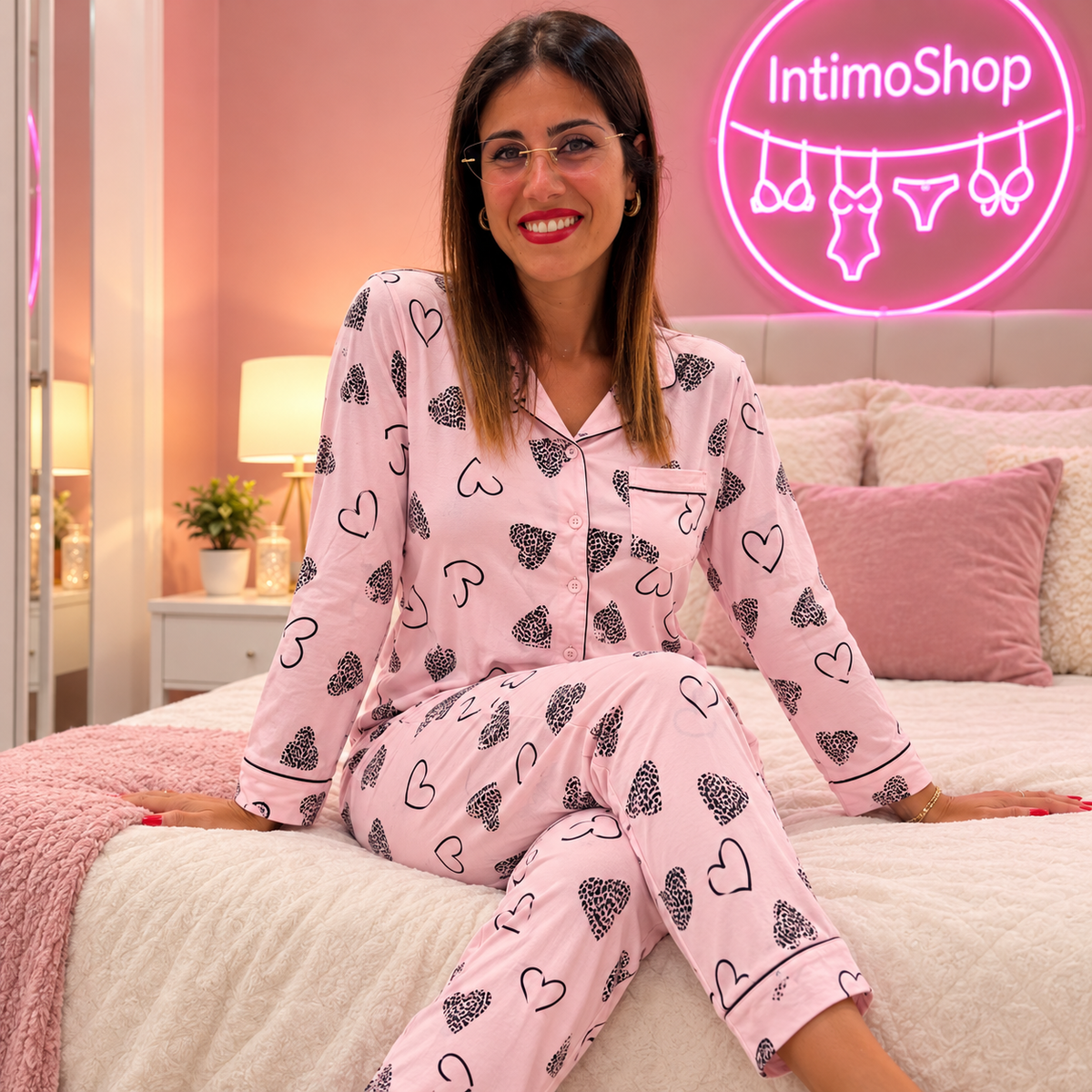 Pigiama donna cuori animalier Rosa indossato