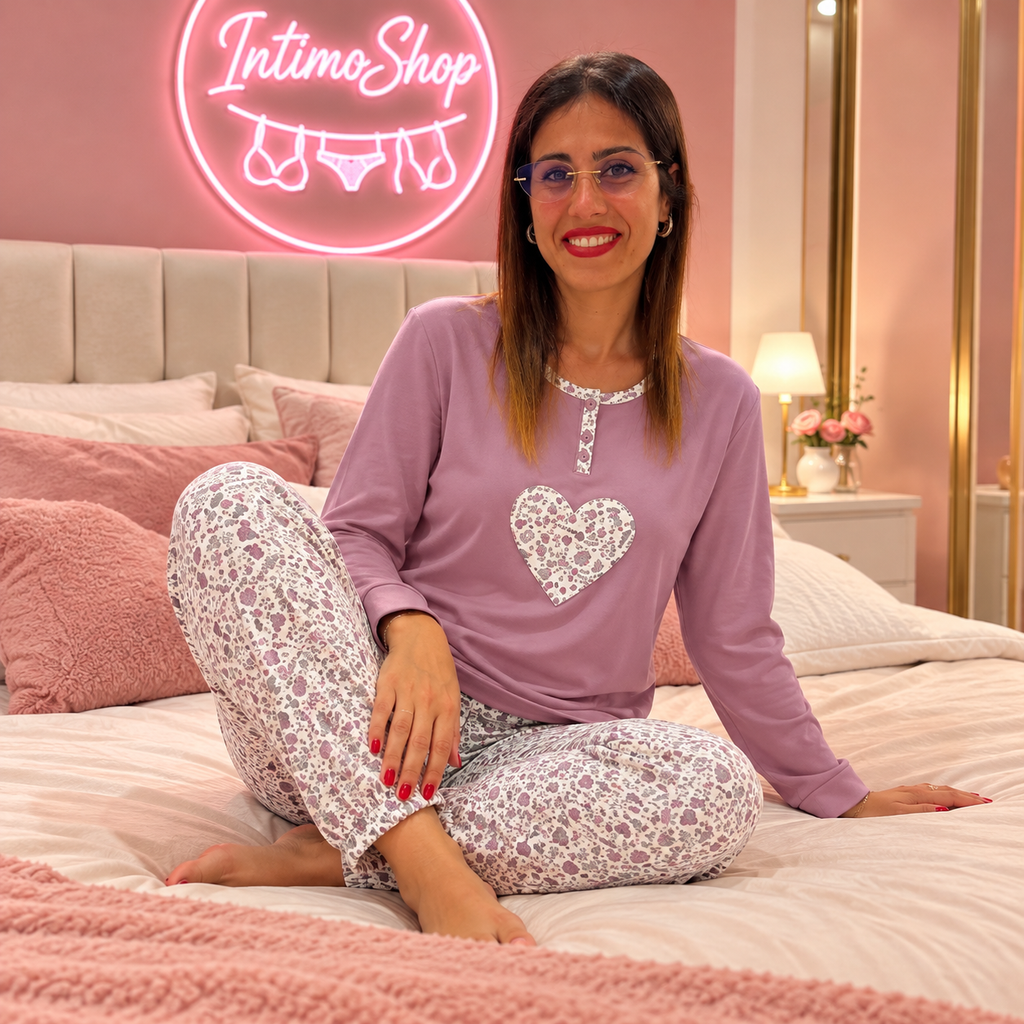 Pigiama donna malva con cuore e pantaloni fantasia
