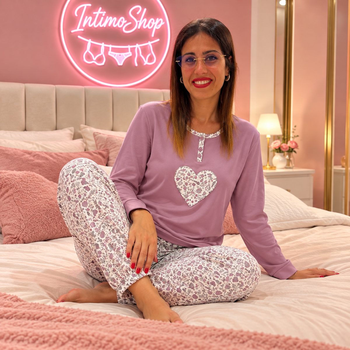 Pigiama donna malva con cuore e pantaloni fantasia