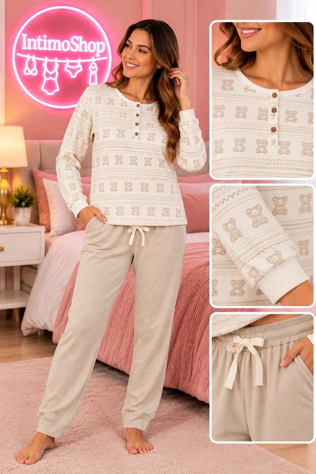 Pigiama donna con orsetti e pantalone beige