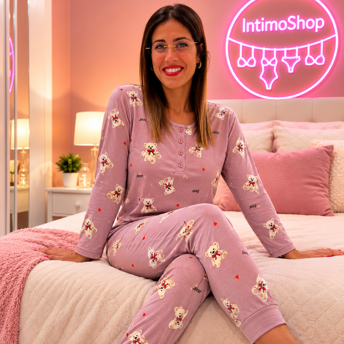 Pigiama donna orsetti rosa indossato