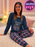 Pigiama donna blu orsetto e pantaloni scozzesi rosa