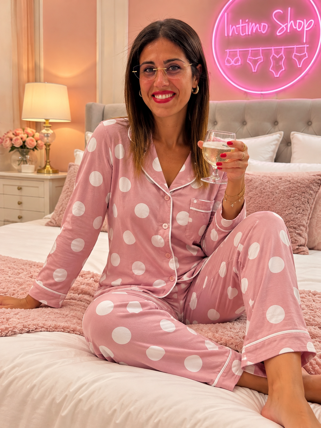 Pigiama donna rosa antico a pois bianchi, indossato