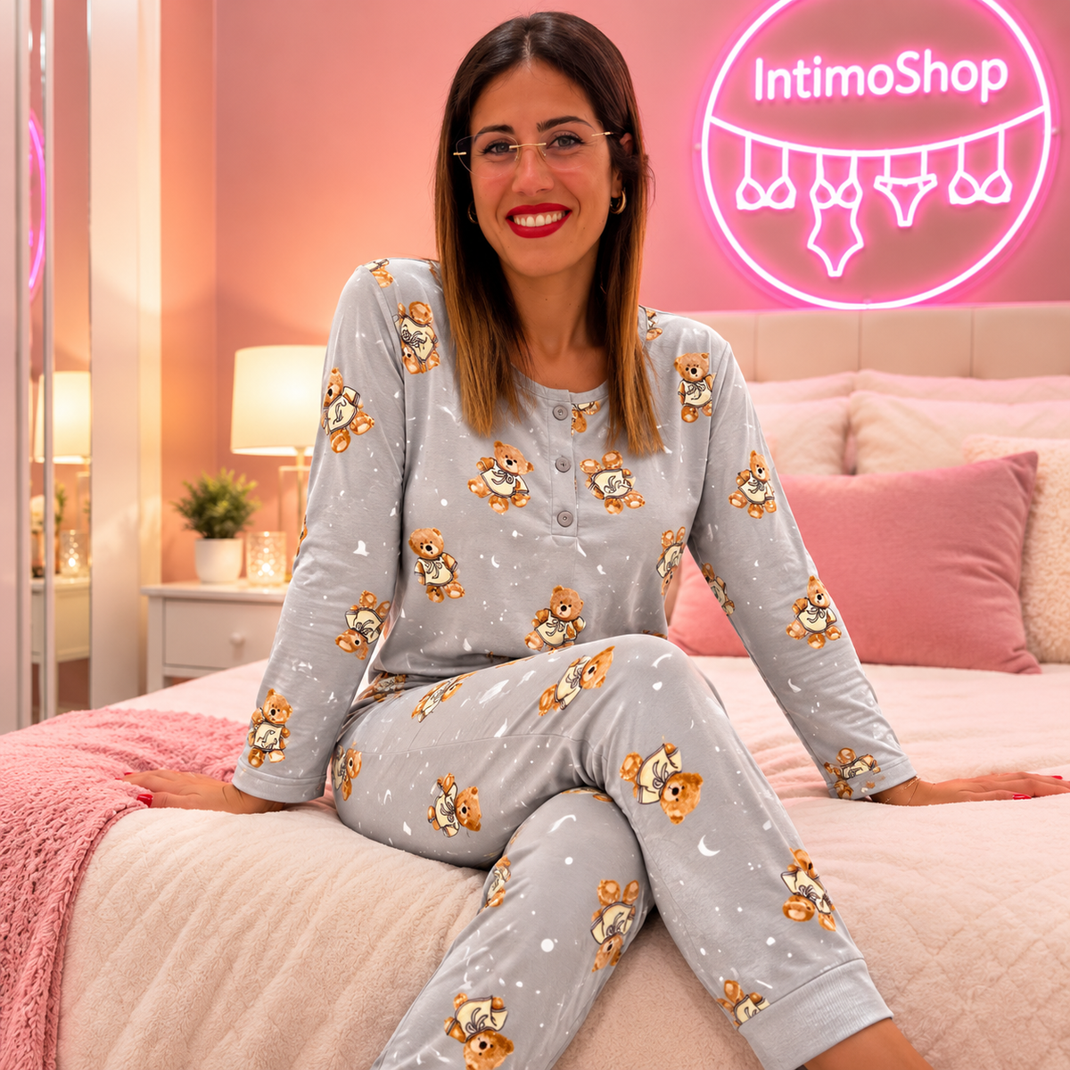 Pigiama donna orsetti e lune Grigio indossato