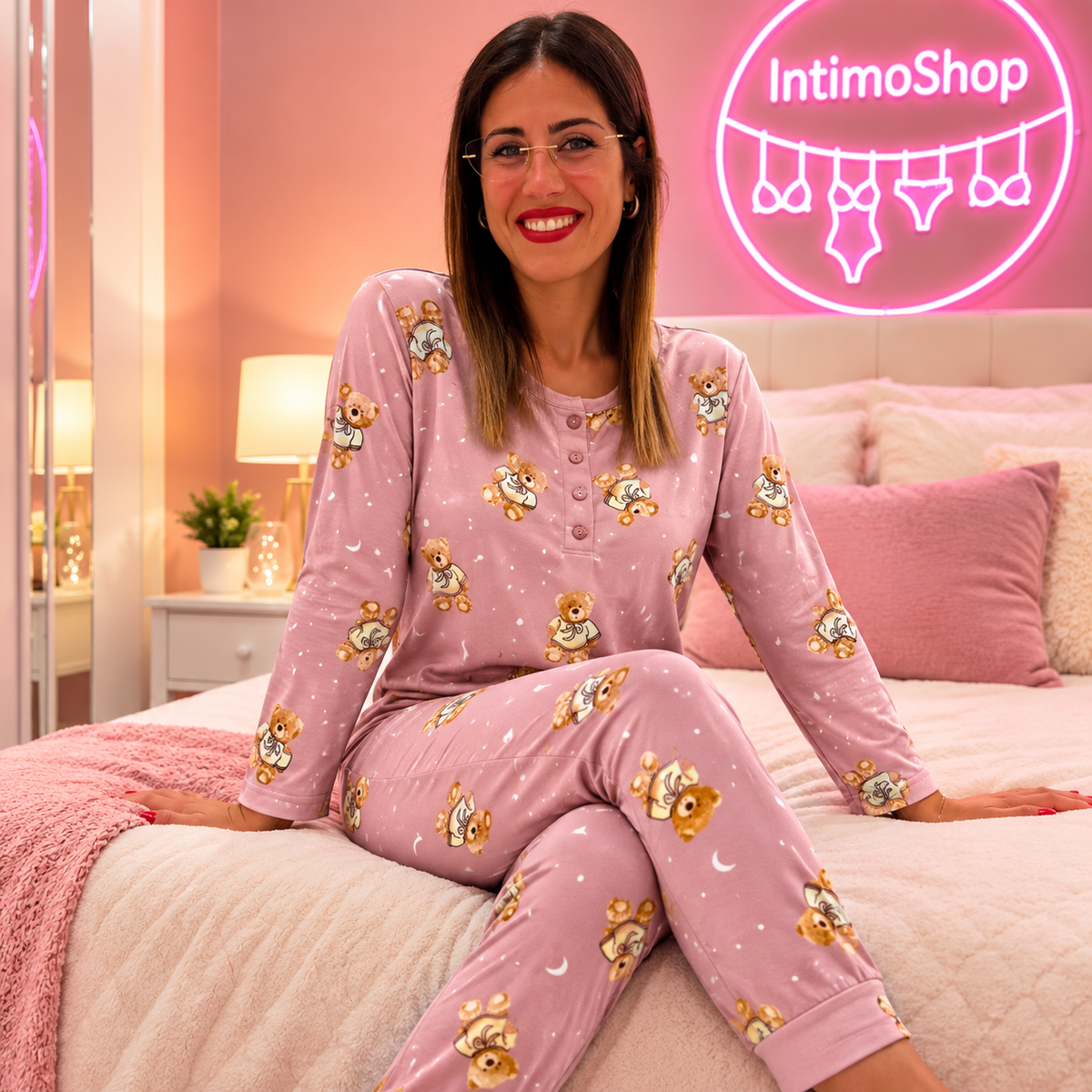 Pigiama donna orsetti e lune Rosa indossato