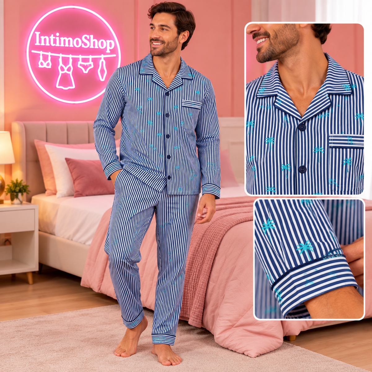 Pigiama uomo righe blu con palme