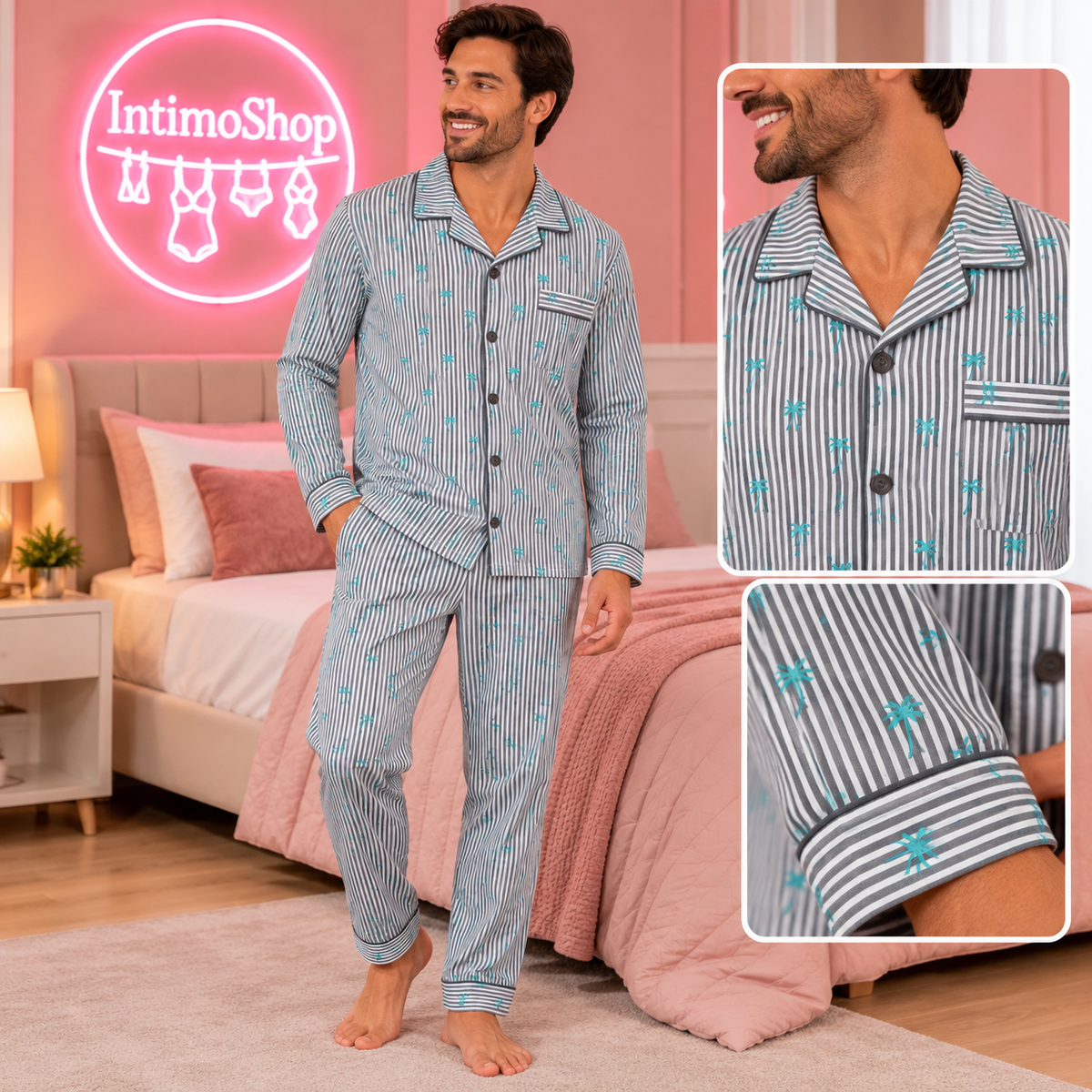 Pigiama uomo righe grigie con palme