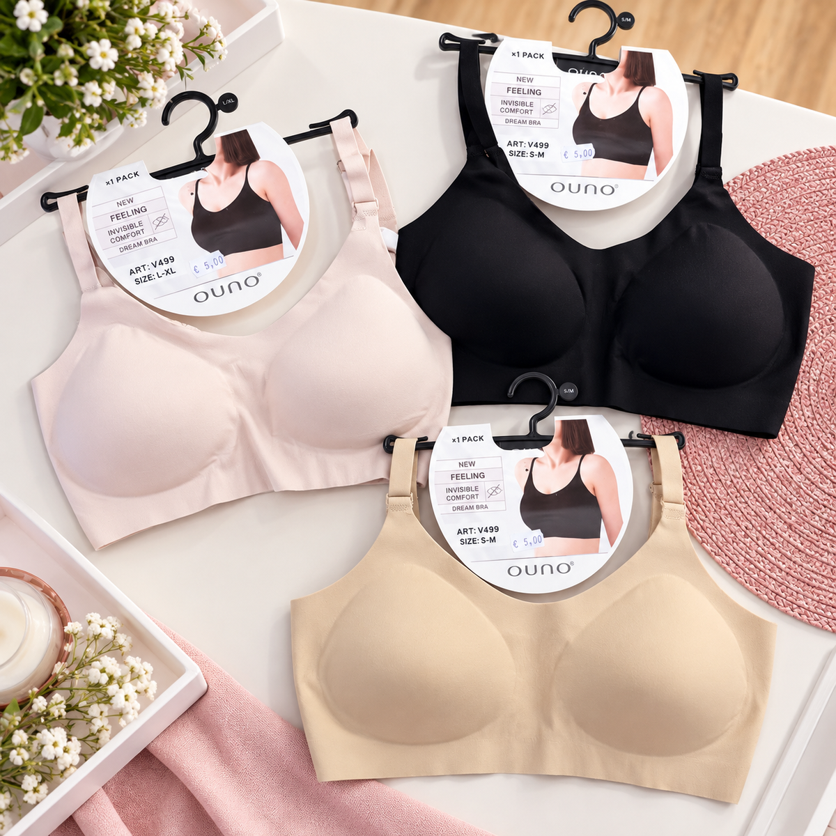 Reggiseno OUNO senza cuciture in cipria, nero e beige