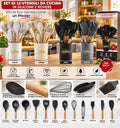 Set 12 utensili cucina silicone e rovere in bianco crema nero grigio