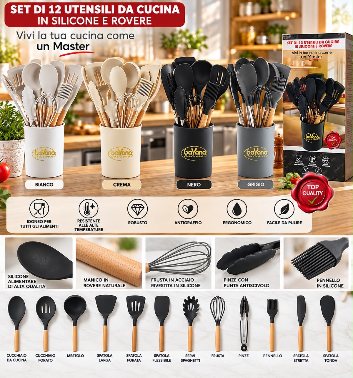 Set 12 utensili cucina silicone e rovere in bianco crema nero grigio